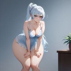 ai_generated annoyed annoyed_expression bottom_heavy civitai leaning_forward medium_breasts nightgown rwby thick_thighs weiss_schnee white_hair wide_hips