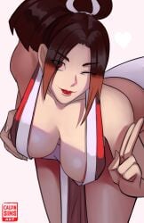 1girls 2024 breasts brown_hair calvinsimsart fatal_fury female female_only hi_res king_of_fighters looking_at_viewer mai_shiranui red_eyes red_lipstick skimpy skimpy_clothes smiling smiling_at_viewer snk solo solo_focus wink winking_at_viewer