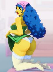 1girls 2024 ass bandana blue_hair clothes_lift commission dat_ass dress female female_only green_dress green_eyes hi_res kneeling long_hair looking_at_viewer marge_simpson milf panties red_lipstick solo stockings the_simpsons thick_ass thick_thighs tovio_rogers white_stockings yellow_skin