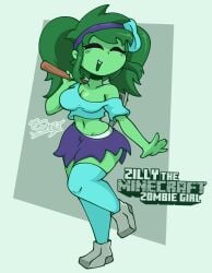 belly big_breasts big_hips blush breasts closed_eyes cute green_hair green_skin headband kneehighs kneesocks minecraft open_mouth skirt smile thesoderaddict twintails undead undead_female zilly_(thesoderaddict) zombie zombie_girl