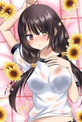 2d 2d_(artwork) black_hair breasts date_a_live flower heterochromia light-skinned_female lying red_eyes shirt solo solo_female sunflower thighs tokisaki_kurumi wet_clothes