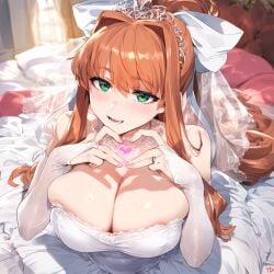 1girls ai_generated big_breasts blush breasts brown_hair doki_doki_literature_club female female_focus female_only green_eyes huge_breasts large_breasts looking_at_viewer looking_pleasured monika_(doki_doki_literature_club) wedding_dress wedding_lingerie wedding_veil white_panties