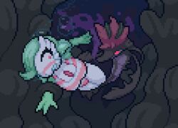 asphyxiation big_breasts bikini bubbles dragalge drowning gardevoir glowing_eyes nami_(okami_tomato) okami_tomato panic peril pixel_art pokemon pokemon_(species) seaweed striped_bikini underwater