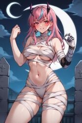 1girls ai_generated blush breasts halloween halloween_costume i_generated latam_virtual_youtuber long_hair looking_at_viewer multicolored_hair mummy mummy_costume night outdoors pink_hair sky_blue_hair solo_female tagme thighs tupadrev4 virtual_youtuber vtuber