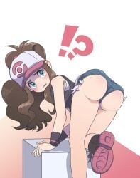 !? 1girls ass_focus blue_eyes blush brown_hair cap clothed female gyakutenndokei hilda_(pokemon) long_hair looking_back pokemon pokemon_bw ponytail rear_view solo solo_female sweatdrop