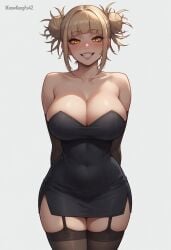 1girls ai_generated alternate_breast_size alternate_costume artist_name bangs bare_shoulders big_breasts black_clothing black_dress blonde_hair blunt_bangs blush boku_no_hero_academia breasts cleavage clothed clothing double_bun dress elbow_gloves eyelashes female female_only garter_straps gloves grin hair_bun himiko_toga hips hourglass_figure human iknowkungfu42 large_breasts light-skinned_female light_skin lips looking_at_viewer miniskirt my_hero_academia short_skirt sidelocks simple_background slit_pupils smile solo stockings strapless thick_thighs thighhighs thighs white_background wide_hips yellow_eyes zettai_ryouiki