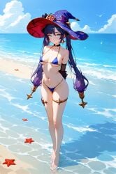 absurd_res ai_generated beach bikini bikini_bottom bikini_top genshin_impact mini_bikini ministro mona_(genshin_impact) navel