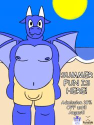 advertisement beach big_snout blue_body bulge_through_clothing caitsquartrs company_logo dougie_the_dragon_(dougies_love_den) dougies_love_den dougies_play_den dragon dragon_wings funside_entertainment horns lizard male moobs nipples oc oerba_yun_fang overweight pinup shorts text two_tone_body