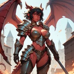 ai_generated armored_female black_hair cleavage dragon_girl dragon_tail dragon_wings eogard_orc horns medieval_fantasy monster_girl original_character red_eyes red_skin scales self_upload short_hair stable_diffusion town