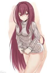 bare_legs bare_thighs big_ass blush blush_lines fate/grand_order fate_(series) jumpsuit kesoshirou long_hair long_sleeves looking_at_viewer red_eyes red_hair red_hair scathach_(fate) slim_waist sweater teenager white_background