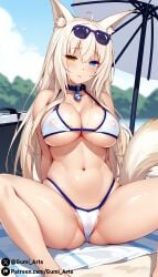 ai_generated beach bikini blonde_hair blue_eyes blush cat_ears cat_tail catgirl cleavage coconut_(sayori) covered_nipples covered_pussy gumi_arts heterochromia large_breasts nekopara outdoors sitting stable_diffusion yellow_eyes