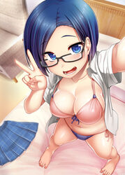 barefoot bed bikini black-framed_eyewear blue_eyes blue_hair blush breasts cleavage feet female foreshortening from_above front-tie_top glasses hijiri_tsukasa large_breasts looking_at_viewer matching_hair/eyes navel open_clothes open_mouth open_shirt original school_uniform self_shot shirt side-tie_bikini skirt skirt_removed smile solo standing swimsuit taking_picture toes v