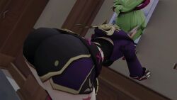 3d animated ass ass_focus ass_shake bent_over booty_shorts female from_behind genshin_impact green_hair hair_ornament huge_ass jiggle kishi kuki_shinobu leaning leaning_forward long_hair ponytail short_shorts shorts solo tagme thick_thighs thighhighs video video