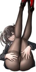 absurdres ass black_footwear black_serafuku blush brown_hair brown_pantyhose crotch_seam female high_heels highres hundun_no_bifang kneepits legs legs_up long_hair long_sleeves looking_at_viewer lying no_panties on_back open_mouth original pantyhose pussy pussy_peek sailor_collar school_uniform serafuku simple_background solo two_side_up white_background white_sailor_collar yellow_eyes