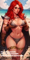 abs ai_generated armlet armor artist_name beach bikini bikini_armor breast_hold breasts brown_gloves cape cleavage closed_mouth clothing cloud day english_text female female_only gloves green_eyes horizon jousneystudio large_breasts lips long_hair looking_at_viewer navel o-ring ocean outdoors pinup red_hair red_sonja sky solo sonja swimsuit text thick_thighs thigh_strap thighs toned