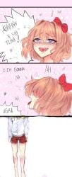 blue_eyes blush blush_lines blushing bow crunnix death doki_doki_literature_club english_text hair_bow hairbow heart-shaped_pupils implied_death mouth_open open_mouth red_bow red_hair_bow red_hairbow red_tongue sayori_(doki_doki_literature_club) strawberry_blonde_hair suicide text tongue tongue_out twist_ending