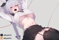 1girls ai_generated akyoi black_garter_straps black_ribbon black_skirt black_thighhighs blue_eyes blush braid braided_ponytail fangs large_breast long_hair looking_at_viewer lying lying_down lying_on_back oc open_mouth original_character ponytail ribbon school_uniform silver_hair skirt string tight_clothing tongue tongue_out underboob white_background
