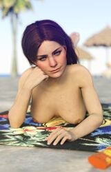 1girls absolutely_nothing_on aloy alternate_body_type alternate_breast_size alternate_hairstyle athletic athletic_female beach beach_towel beach_umbrella big_breasts blue_eyes completely_naked completely_naked_female completely_nude completely_nude_female day daylight daytime eyeshadow freckles freckles_on_face guerilla_games hawaii horizon_forbidden_west horizon_zero_dawn long_hair looking_at_viewer lying_on_stomach lying_on_towel naked naked_female nude nude_female nudist nudist_beach nudity palm_tree red_hair red_hair smiling smiling_at_viewer sony_interactive_entertainment steffih_daz