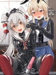 2girls alterkyon amatsukaze_(kantai_collection) bondage gag gagged kantai_collection kigurumi latex latex_bodysuit latex_gloves latex_legwear latex_stockings latex_suit latex_thighhighs mask masked masked_female orgasm orgasm_face sex_toy shimakaze_(kantai_collection) tagme_(character) timer vibrator yuri