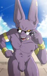 anthro balls beerus dialogue domestic_cat dragon_ball dragon_ball_super felid feline felis flaccid foot_ninja15 foreskin genitals hi_res humanoid_genitalia humanoid_penis looking_at_viewer male male_only mammal nude nude_anthro nude_male penis purple_body solo text wiping_forehead