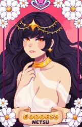 amber_eyes black_hair breasts card_(medium) collarbone ear_piercing flowers goddess gold_jewelry hair_ornament long_hair netsu_kazegawa pixel_art solo tagme transparent_clothing visible_nipples yumykon yumyverse yumyverse_collectible_cards