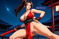 1girls ai_generated big_breasts brown_eyes brown_hair busty clothed female gloves japanese japanese_clothes king_of_fighters legs_spread light-skinned_female light_skin long_hair looking_at_viewer mai_shiranui night open_legs panties spread_legs thick_thighs thighs tied_hair voluptuous voluptuous_female white_panties