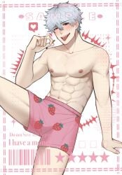 abs blush boxers cigarette gintama gintoki_sakata kawasami_ai looking_at_viewer male male_only masculine muscular pale-skinned_male pale_skin pecs pubic_hair_peek red_eyes smile solo strawberry_print toned toned_male tongue_out topless topless_male underwear white_hair