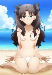 1girls beach bikini bikini_bottom_pull bikini_pull brown_hair cleavage fate/kaleid_liner_prisma_illya fate_(series) green_eyes hi_res legs long_hair looking_at_viewer medium_breasts naughty_face navel ocean pulled_by_self sitting smile solo sweat thighs tohsaka_rin twintails water white_bikini