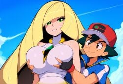 1boy aether_foundation ai_generated breast_grab female grabbing huge_breasts lusamine_(pokemon) mature_female milf mother_and_daughter's_friend mullon novelai pokemon pokemon_(anime) pokemon_journeys pokemon_sm satoshi_(pokemon) smile