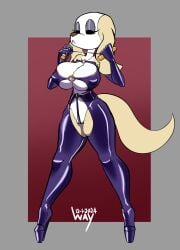 aggretsuko anthro areola areola_slip big_breasts black_eyes bondage borzoi breasts canid canine canis clothed clothed_anthro clothed_female clothing domestic_dog female female_anthro footwear fur genitals hi_res high_heels hunting_dog inui_(aggretsuko) legwear mammal mature_anthro mature_female multicolored_body multicolored_fur nipple_outline pussy pussy_floss sanrio shoes sighthound signature skimpy solo thigh_highs tight_clothing two_tone_body two_tone_fur wayesh white_body white_fur yellow_body yellow_fur