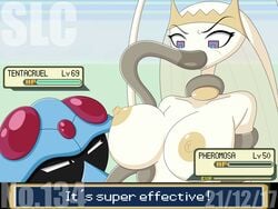 1girls antennae areolae big_breasts black_eyes breasts cheek_bulge eyelashes fellatio female gameplay_mechanics health_bar hud interspecies nintendo nipples oral pheromosa pokémon_(species) pokemon pokemon_(species) pokemon_battle pokemon_sm purple_eyes slc tentacle tentacle_in_mouth tentacruel text video_games