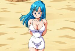 ai_generated arms_behind_back blue_eyes blue_hair civitai dragon_ball dragon_ball_z large_breasts long_hair maron white_dress