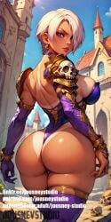 ai_generated armor artist_name ass back bare_shoulders blue_eyes blue_sky breasts character_name choker cleavage clothing dark-skinned_female dark_skin day earrings elbow_gloves english_text female female_only fingernails from_behind gloves hair_over_one_eye highleg highleg_leotard huge_ass isabella_valentine ivy_valentine jewelry jousneystudio large_breasts leotard lips looking_at_viewer looking_back makeup outdoors parted_lips purple_gloves purple_leotard shiny shiny_skin short_hair shoulder_armor sideboob single_gauntlet skull sky solo soul_calibur strapless_leotard tanlines thick_thighs thighhighs thighs thong_leotard weapon white_hair