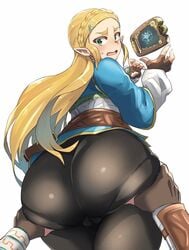 1girls ass ass_grab ass_support blonde blonde_hair braid breath_of_the_wild bubble_butt cameltoe clothed cover embarrassed eyelashes female female_only gloves green_eyes huge_ass hylian leggings link link_(breath_of_the_wild) long_hair looking_at_viewer looking_back nintendo nuezou offscreen_male pantylines plump_ass pointy_ears princess_zelda skin_tight the_legend_of_zelda white_background zelda_(breath_of_the_wild)