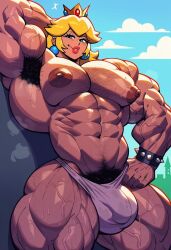 1boy 1futa abs ai_generated ambush_(trap) armpit_hair bulge chest_hair extreme_muscles genderswap_(ftm) hairy_armpits hairy_arms hairy_chest male male_only mario_(series) muscular muscular_futanari muscular_male princess_peach rule_63 sewoh solo