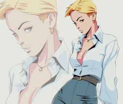 1girls balak belt blonde_hair blue_eyes cleavage clothed clothed_female collared_shirt earrings female female_only high_waisted_pants light-skinned_female medium_breasts no_bra no_bra_under_clothes oc original_character partially_unbuttoned short_hair solo solo_female