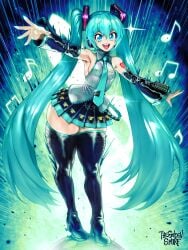 1girls absurd_res aqua_hair arm_sleeves blue_eyes dress female female_only hatsune_miku high_heel_boots long_hair looking_at_viewer necktie open_mouth skirt smiling smiling_at_viewer solo thegoldensmurf thick_thighs thigh_squish twintails very_long_hair vocaloid
