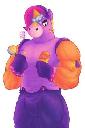 2024 bara barazoku berry_(brawl_stars) biceps big_arms big_bulge brawl_stars bulge bulge_through_clothing confused dilf disguise gay gay_male gloves horse horse_ears ice_cream male male_focus male_only mane meme multicolored_hair muscles naughtysebb pecs purple_fur solid_color_background suit supercell tattoo unicorn working