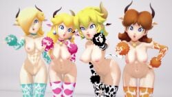 big_ass big_breasts bowsette cow_ears cow_girl cow_horns female_focus female_only heart-shaped_pupils mario_(series) nipples nose_ring princess_daisy princess_peach princess_rosalina soiacalmanienti