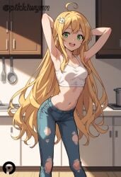 :d ahoge ai_generated armpits arms_behind_head arms_up bangs bare_arms bare_shoulders blonde_hair breasts cleavage collarbone crop_top denim feet_out_of_frame female green_eyes hair_ornament indoors isekai_wa_smartphone_to_tomo_ni. jeans long_hair looking_at_viewer medium_breasts midriff navel open_mouth pants pikkiwynn small_breasts smile solo soucie_elnea_ortlinde standing stomach stove teeth torn_clothes torn_jeans torn_pants upper_teeth_only very_long_hair