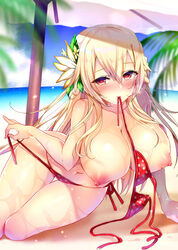 bikini bikini_top_removed blonde_hair blush breasts collarbone female flower hair_between_eyes hair_flower hair_ornament heart heart-shaped_pupils koikawa_minoru large_breasts long_hair looking_at_viewer navel nipples original polka_dot polka_dot_bikini puffy_nipples red_eyes side-tie_bikini simple_background smile solo swimsuit symbol-shaped_pupils topless untied untied_bikini untying wet white_background