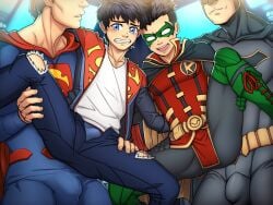 4boys batman damian_wayne dc_comics gay group_sex jon-el male_only muscles muscular suiton superman superman_(series)