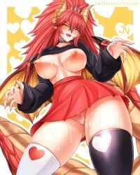 1girls big_ass big_breasts blush choker cowboy_shot dragon dragon_wings erect_nipples exposed_breasts female horns jnstudio miniskirt mismatched_legwear no_panties pussy red_hair seductive simple_background skirt solo steaming_body sweat tail thick_thighs thighhighs virtual_youtuber vshojo yellow_eyes zentreya