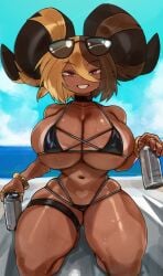 1girls aife_(zanamaoria) big_horns bikini blonde_hair breasts brown_hair curved_horns dark-skinned_female dark_skin demon_horns female hair_on_horn hi_res hips horns huge_breasts kneeling long_hair looking_at_viewer original original_character purple_eyes seaside shortstack smiling smiling_at_viewer succubus sunglasses_on_head tan tan-skinned_female tanline tanlines tanned_skin thick_thighs thighs two_tone_hair wide_hips zanamaoria