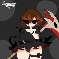 1girls big_breasts breasts chara female_only light-skinned_female reaper_chara reapertale rebootedmp3g scythe simple_background solo tagme thick_thighs undertale undertale_au voluptuous