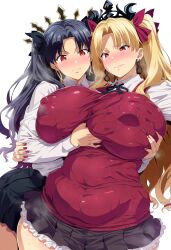 2girls ai_generated alternate_breast_size big_breasts black_hair breasts clothed clothing deepjungle ereshkigal_(fate) fat fat_ass fat_woman fate/grand_order fate_(series) female female_only goddess huge_breasts hyper_breasts ishtar_(fate) large_breasts looking_at_viewer multiple_girls nai_diffusion nipples red_eyes smiling thick_thighs thighs twintails