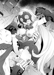 armpits breast_grab breasts chains cum cum_in_pussy dress edward_teach_(fate) fate/grand_order fate_(series) fergus_mac_roich_(fate) grabbing headpiece highres jeanne_alter long_hair medium_breasts monochrome one_leg_raised open_mouth penis very_long_hair yoshiki360