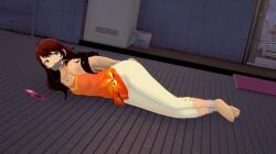 1girls 3d arms_tied_behind_back bondage breasts brown_eyes brown_hair flip_phone gag gagged kujikawa_rise legs_tied locker long_hair necklace on_floor orange_tank_top pants persona persona_4 phone rope rope_bondage shepirotcloud small_breasts tank_top tape_gag tile_floor white_pants