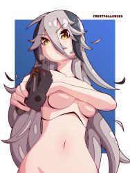 1girls angry_face arm_covers_breast artist_name blue_background breasts completely_nude crestfallen163 doll_joints girls_frontline gun hair hair_between_eyes half_body medium_breasts nipples pale-skinned_female pale_skin revolver rhino_(girls_frontline) self_upload simple_background two_tone_hair underboob white_hair yellow_eyes