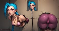 1girls ai_generated artist_name artist_psyopsai ass ass_focus back_view blue_hair clothed clothing colored curvy digital_media_(artwork) female female_focus female_only fit_female from_behind front_view jinx_(league_of_legends) league_of_legends multiple_views purple_eyes solo solo_focus stuck stuck_in_wall tight_clothing watermark